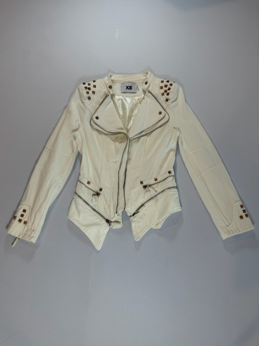 Women's Ivory White Gold Studded Asymmetrical Moto Jacket Large/Small‎